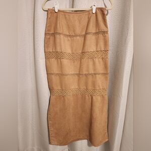 Classic Tan Suede-Effect Pencil Skirt with Perforated Band Accents,Size 8